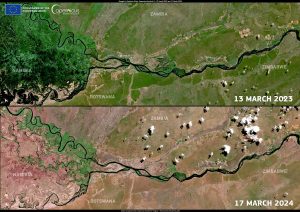 "These Copernicus Sentinel-2 images, acquired in March 2023 (top) and 2024 (bottom), show the changes caused by the drought along the borders of Zambia, Botswana, Namibia and Zimbabwe."